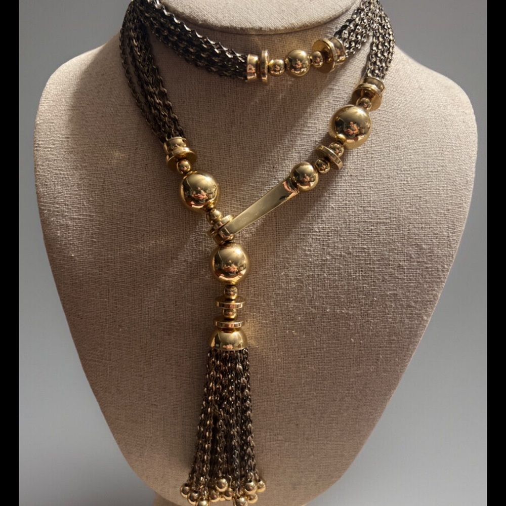 Stella & Dot Two-Tone Gold and Gunmetal Tassel Lariat Necklace